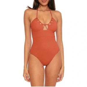 BECA‎ by Rebecca Virtue Textured Halter One Piece Swimsuit Convertable Orange S